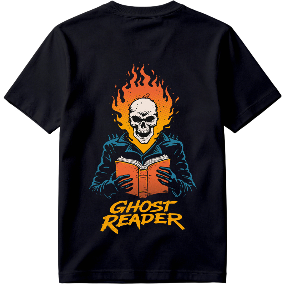Ghost Reader: Skull with Flames Reading a Book - Tee