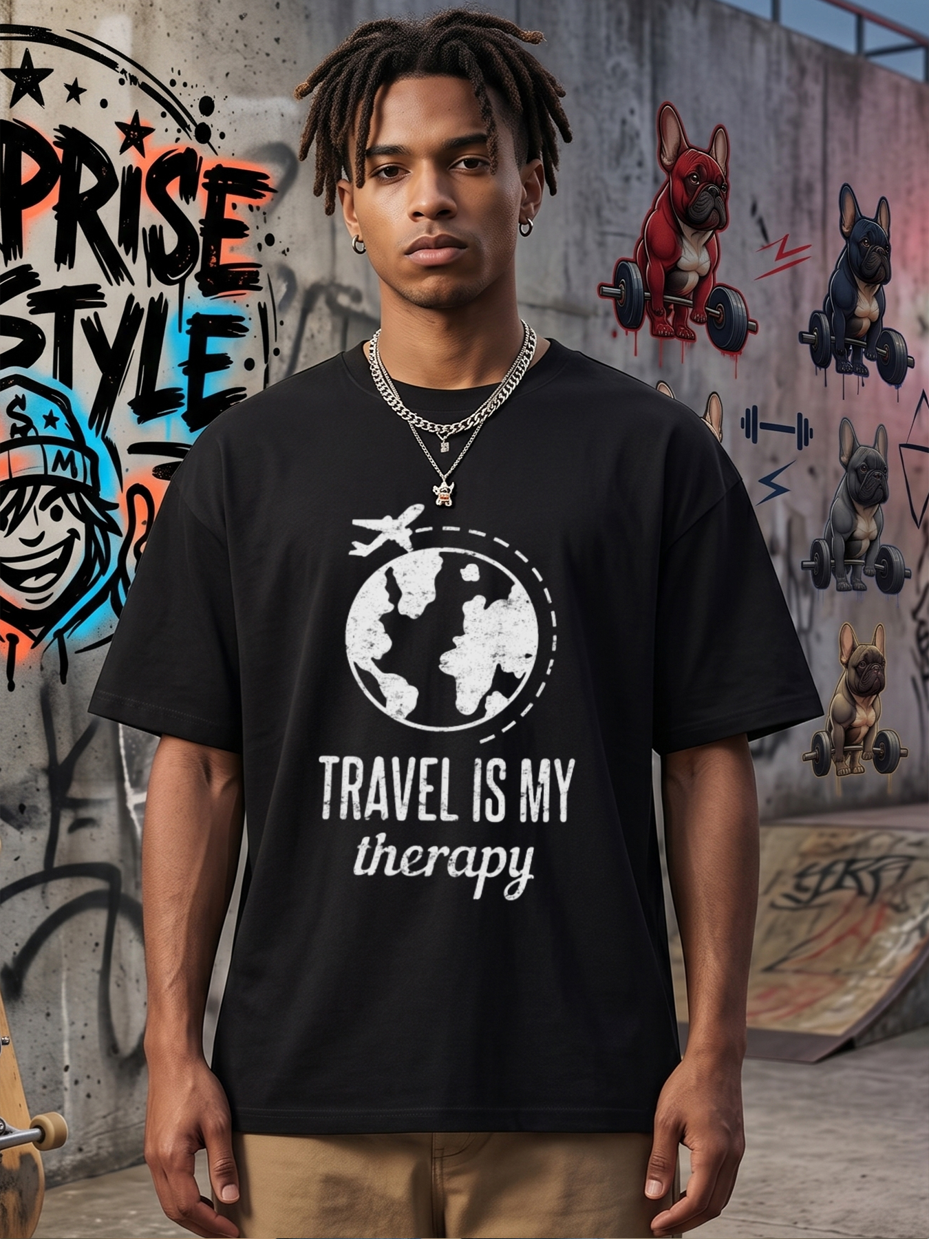 Men's Printed T-Shirt Travel Is My Therapy Globe and Plane Design Casual Round Neck Summer Lightweight Breathable Short Sleeve T-Shirt for Travel Lovers and Adventure Seekers