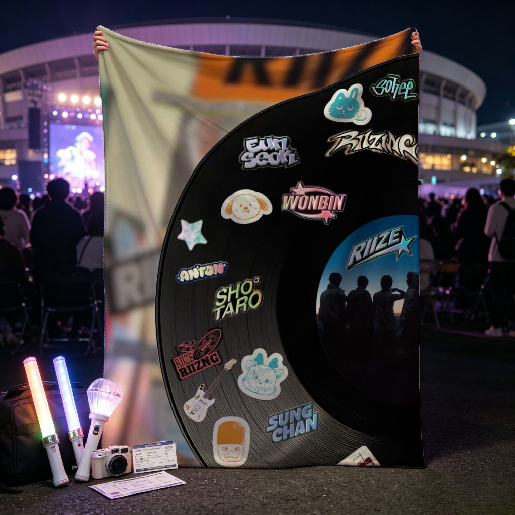 RIIZE Vinyl Record with Member Stickers and Band Logo Displayed in Store Window - Blankets