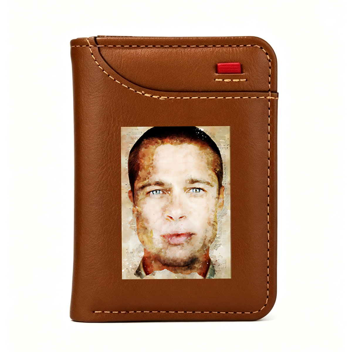 Brad Pitt Watercolor Portrait with Textured Background - Vertical Style Wallet