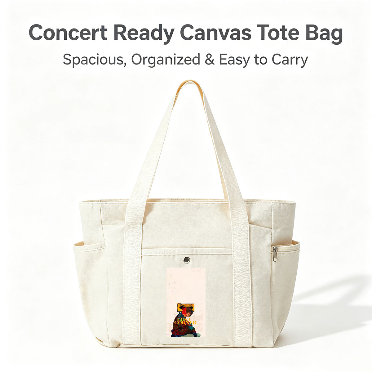 Lost Corner Artist in Colorful Jacket with Arrow Sign and Text Overlay - Multi-pocket bags