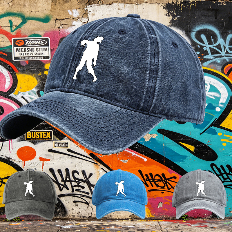 Unisex Classic Washed Cotton Hat with Zombie Silhouette Print – Perfect for Halloween, Outdoor Adventures, and Casual Wear – Ideal for Teens and Adults Seeking Unique Streetwear Style
