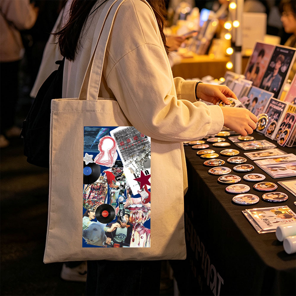 BTS Music Collage Featuring Vinyl Records, Guitars, and Artistic Elements - Canvas tote bags