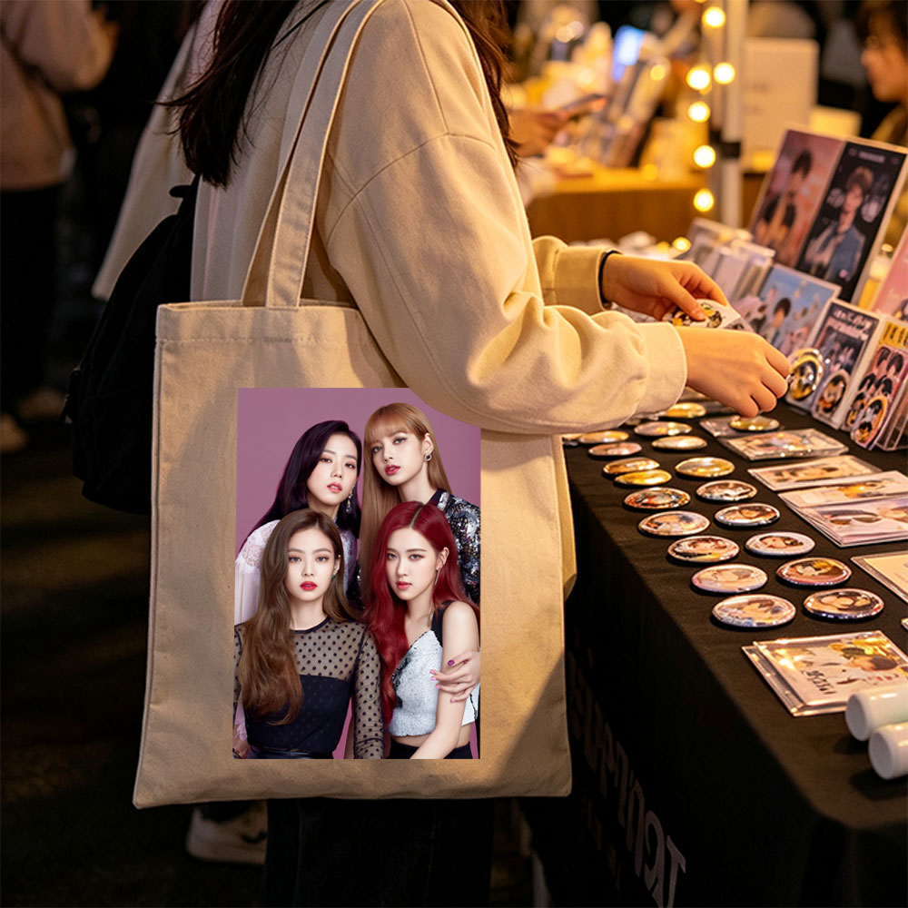 BLACKPINK Group Portrait - Four Members in Stylish Outfits Against Purple Background - Canvas tote bags