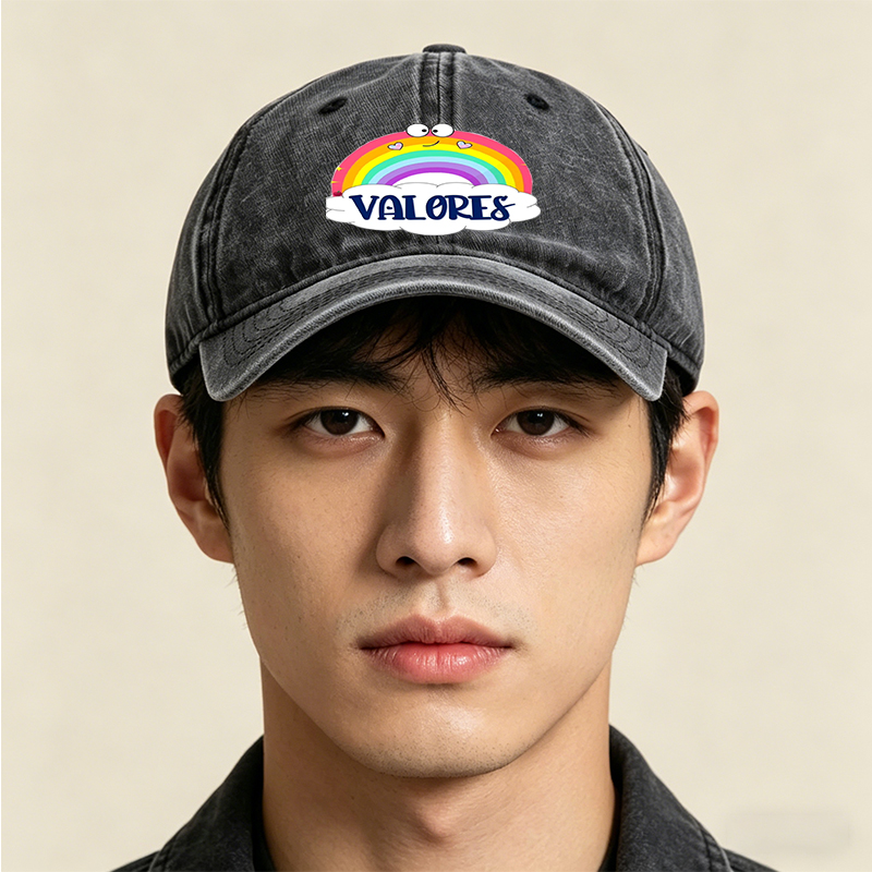Unisex Classic Washed Cap with Rainbow and Valores Print - Casual Streetwear Hat for Outdoor Activities, Perfect for Youth and Adults Seeking Fun, Colorful Style