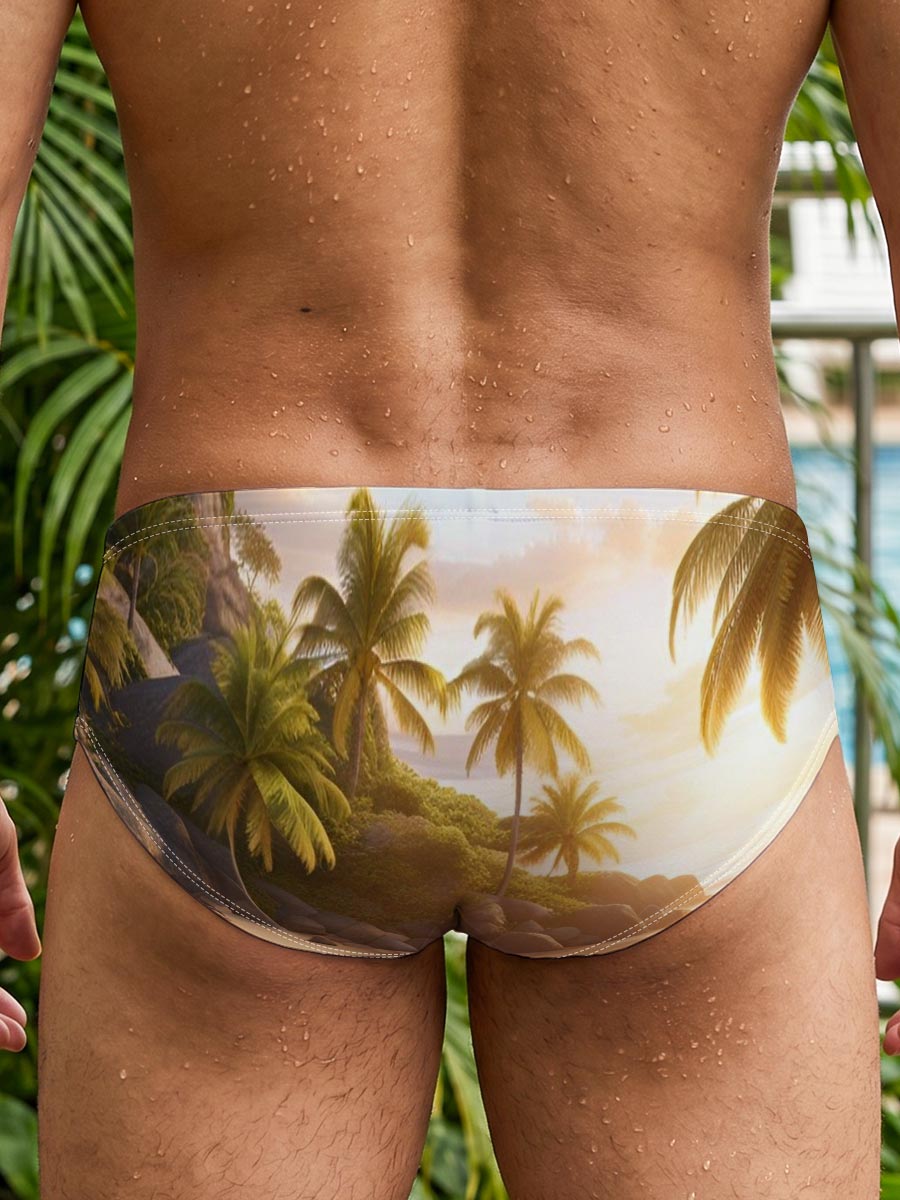 Serene Tropical Beach at Sunset with Palm Trees and Calm Waters -  Men's swim trunks