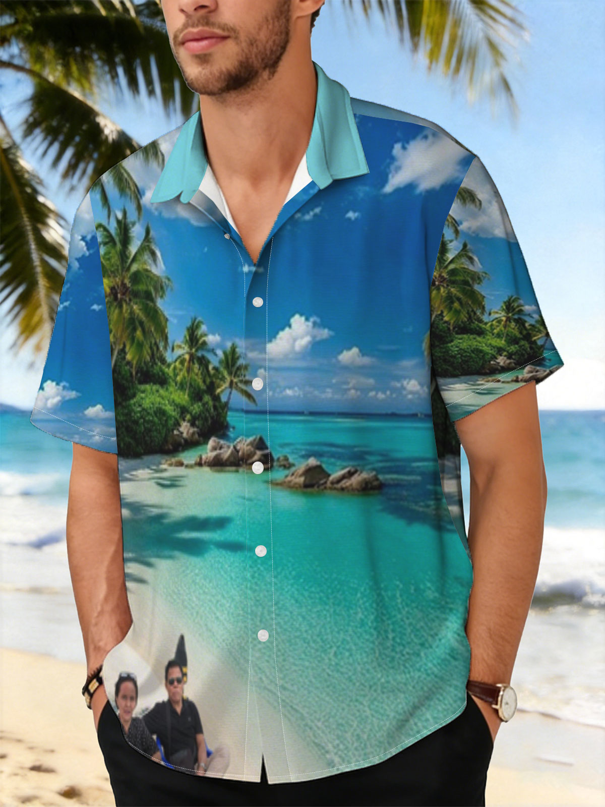 Couple relaxing on a tropical beach with turquoise waters and palm trees -  Shirt