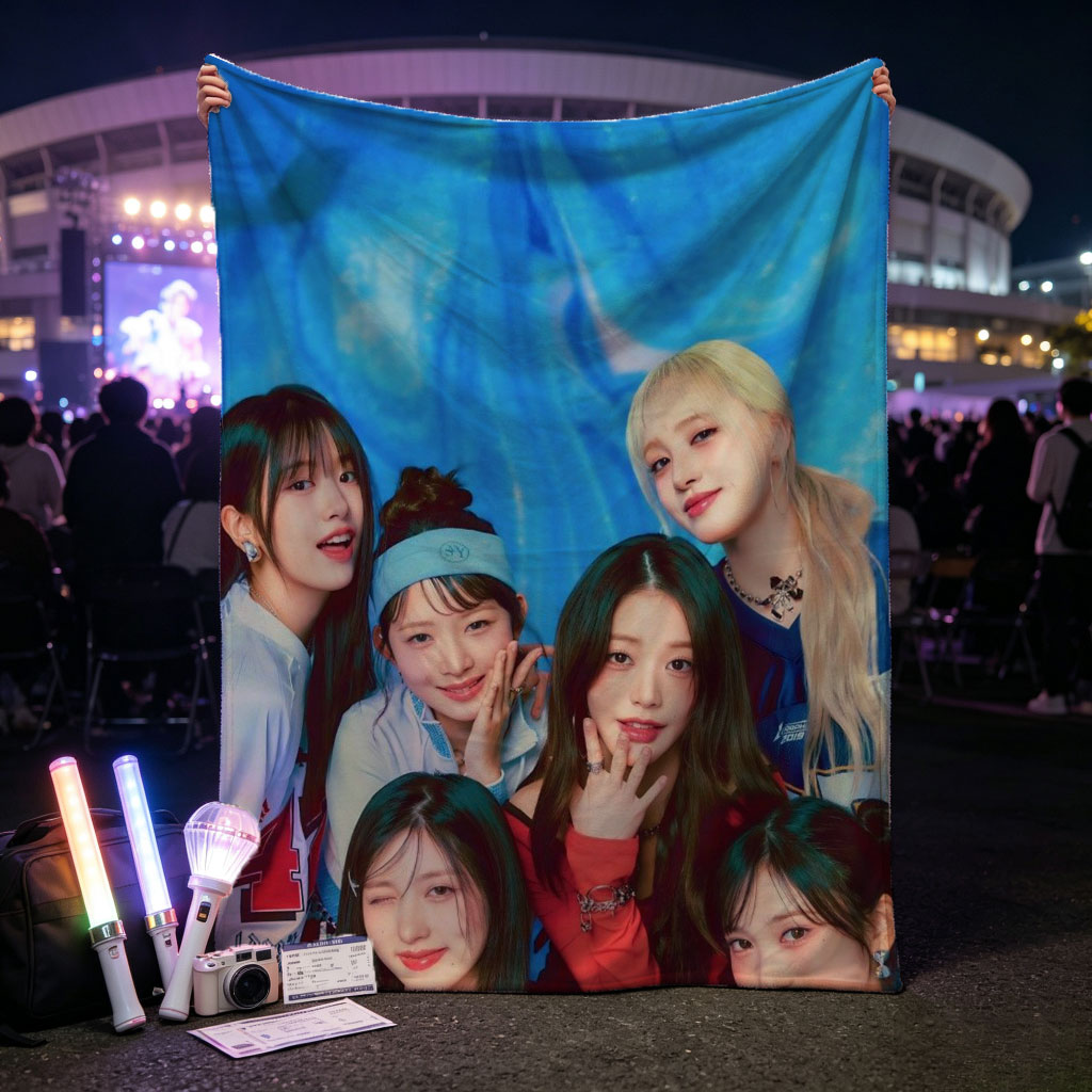 IVE Group Photo with Blue Background and Casual Outfits - Blankets