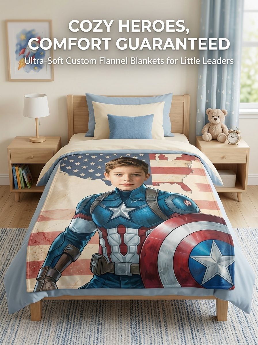 Custom Face Superhero Flannel Blanket Personalized Photo Throw Soft Patriotic Hero Bedding Gift for Kids and Adults
