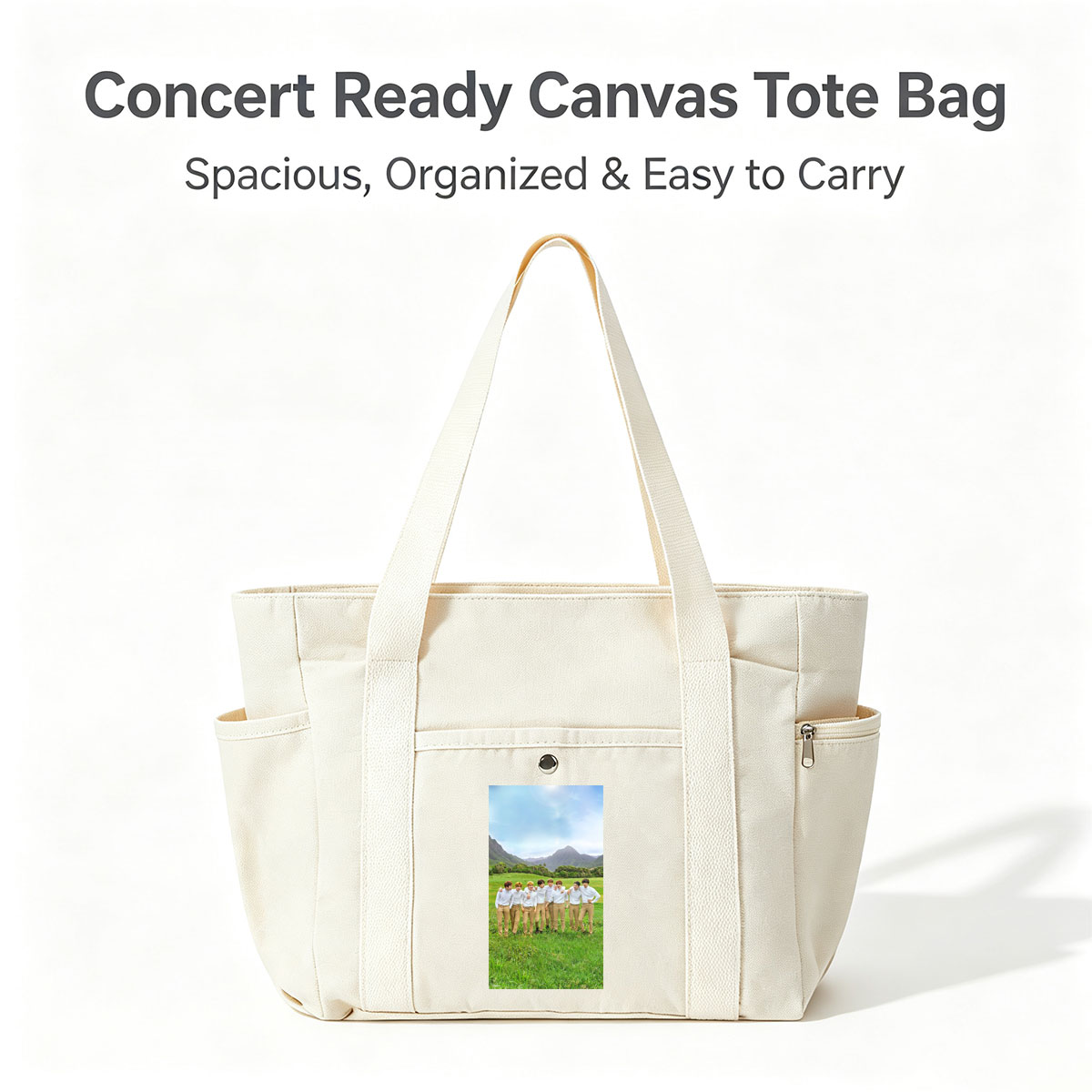 BTS in a Serene Mountain Field Wearing Matching White Shirts and Beige Pants - Multi-pocket bags