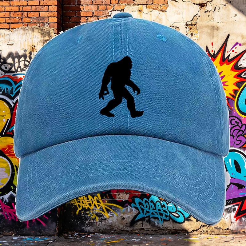 Men's Printed Washed Cap with Bigfoot Silhouette Design - Casual Round Brim Summer Lightweight Hat for Outdoor Adventures, Hiking, Camping, and Everyday Wear - Ideal for Men Who Love Nature and Wildlife Themes
