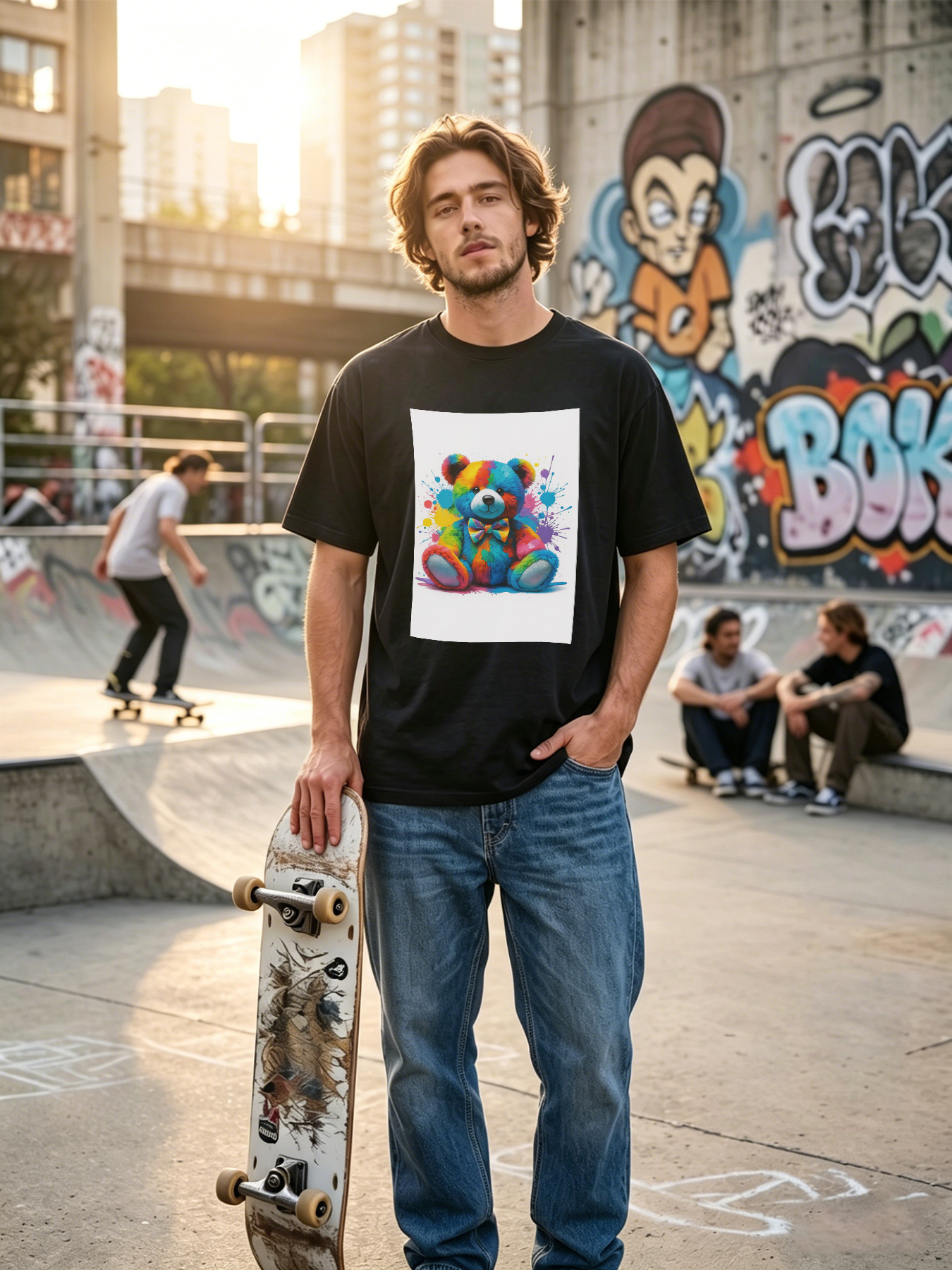 Men's Printed T-Shirt Rainbow Bear with Colorful Paint Splatter Design Casual Round Neck Summer Lightweight Breathable Short Sleeve T-Shirt for Everyday Wear, Outdoor Activities, and Gift Ideas for Adults Who Love Fun Artistic Styles