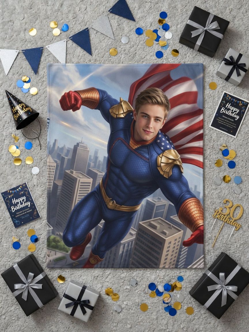 Custom Superhero Face Blanket Personalized Photo Upload Flannel Throw Cozy Warm Plush Fleece Ideal Keepsake Gift
