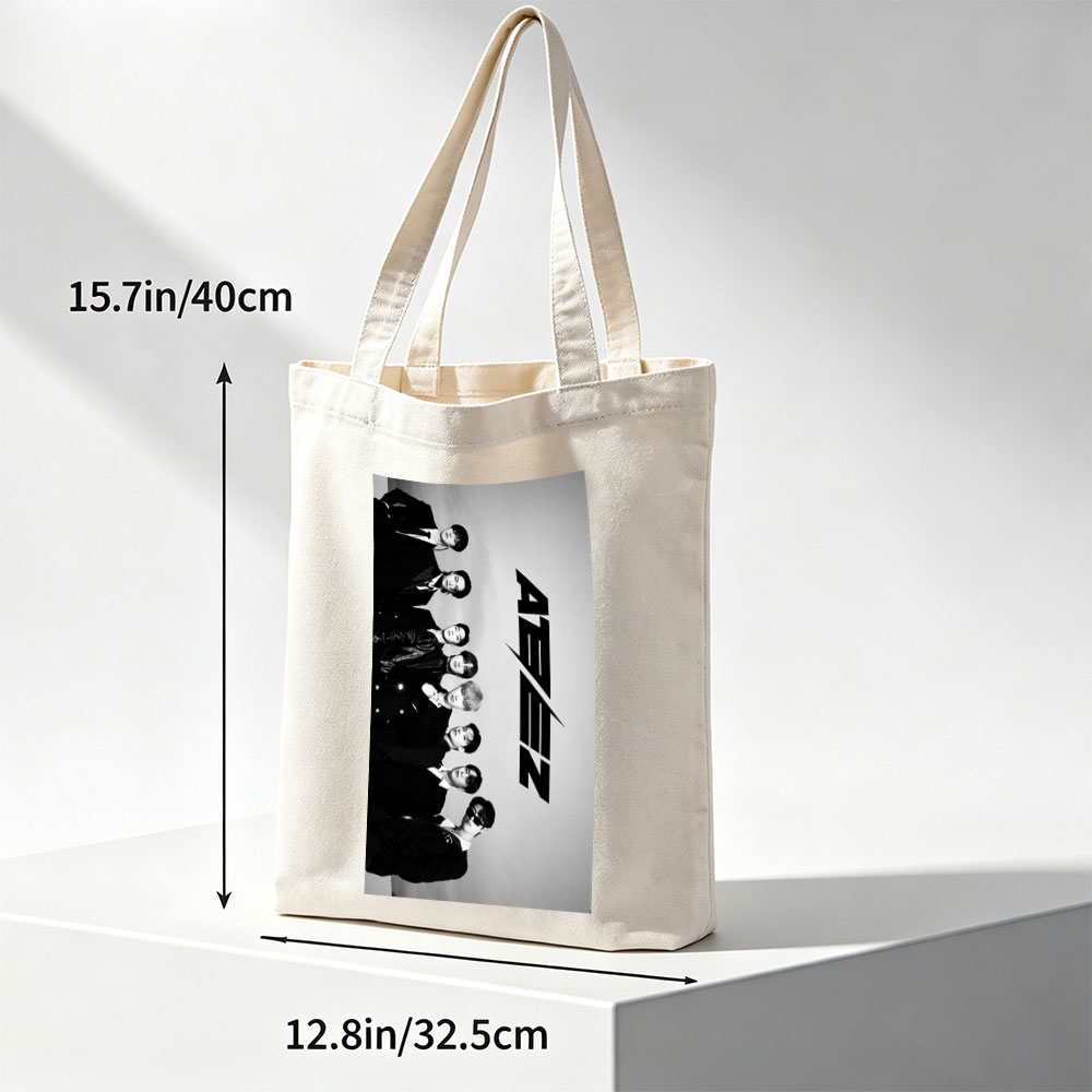SEVENTEEN in Formal Attire Standing in a Line with Bold Logo on Gray Background - Canvas tote bags