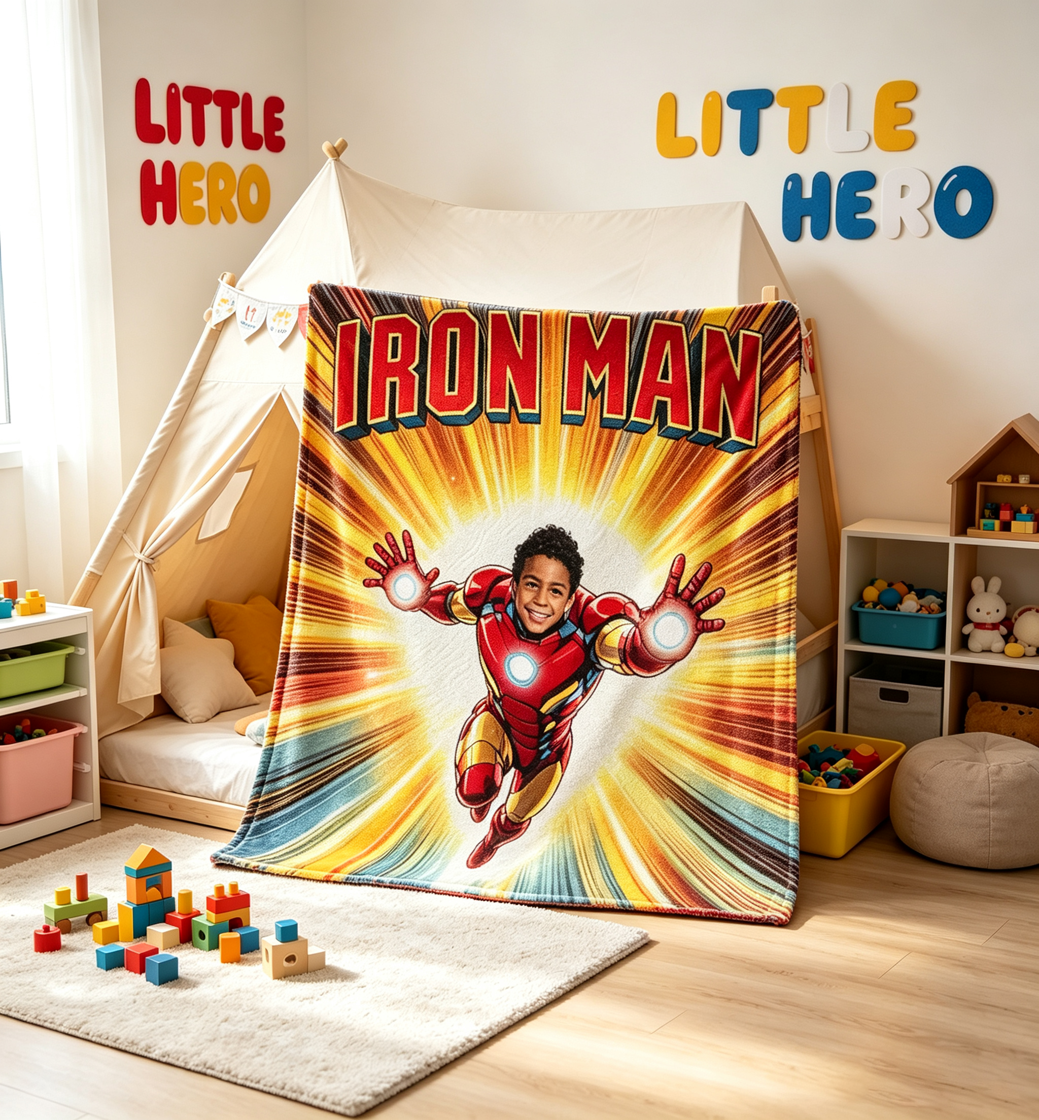 Personalized Custom Face Iron Man Blanket, Upload Photo Superhero Fleece Throw Blanket, Birthday Holiday Gift for Boys Kids