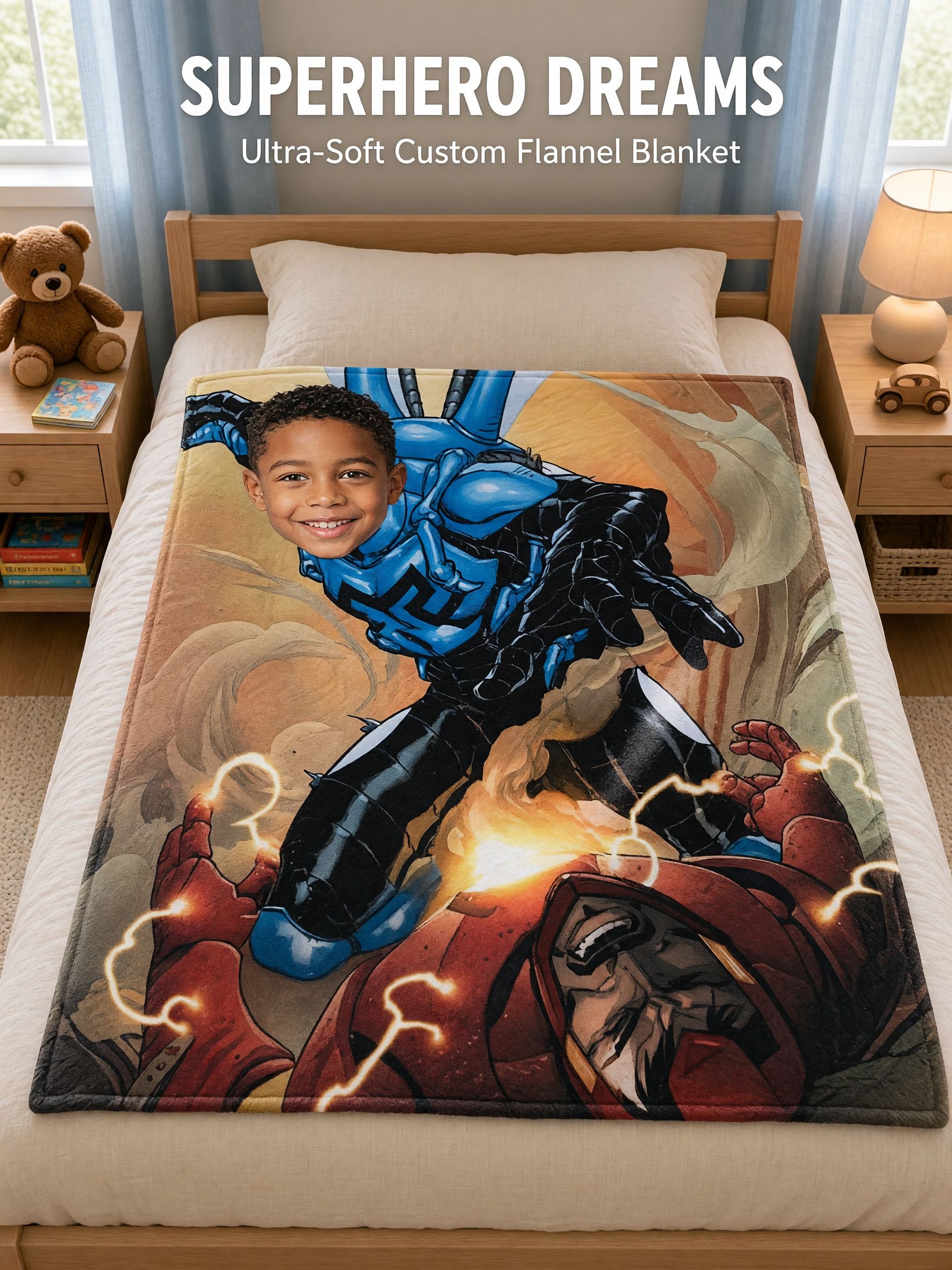 Custom Face Photo Superhero Flannel Blanket Ultra Soft Personalized Comic Throw Fleece Bedding for Kids and Adults