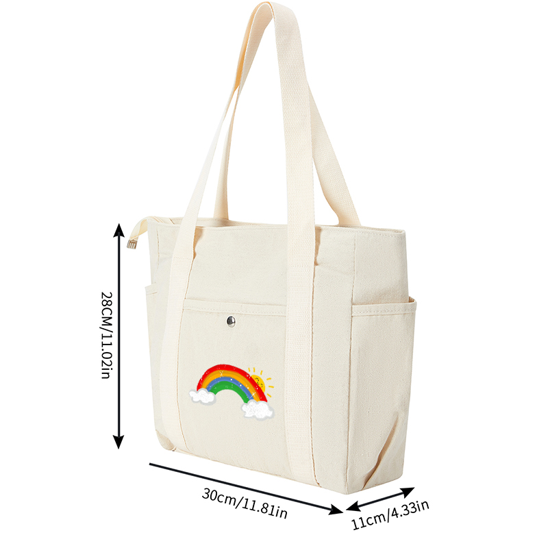 Multi Pocket Bag White with Rainbow Sun Cloud Print | Practical Everyday Organizer for Women and Students on the Go