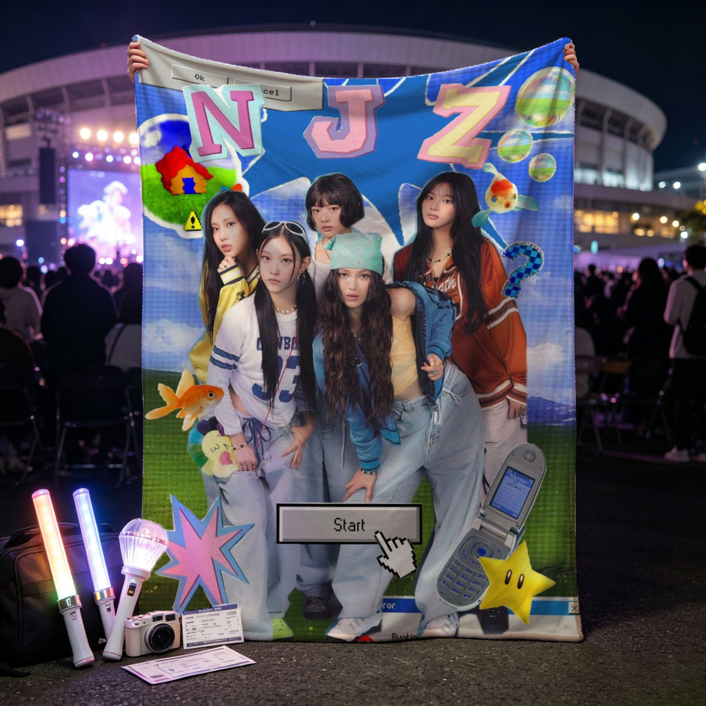 NewJeans Group Photo with Retro Game Interface and Colorful Elements - Blankets