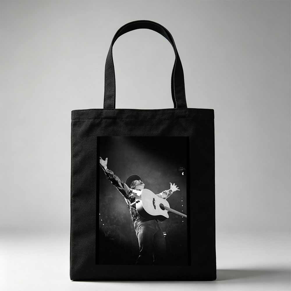 Johnny Cash Performing on Stage with Acoustic Guitar and Arms Raised - Canvas tote bags