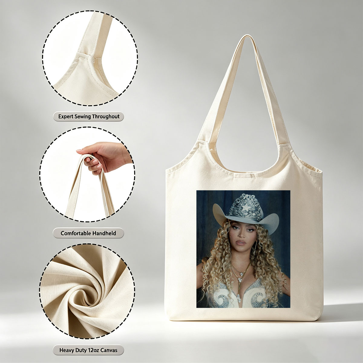 Beyonce in Cowboy Hat and Sparkling Outfit with Long Curly Hair - Canvas shoulder bags/