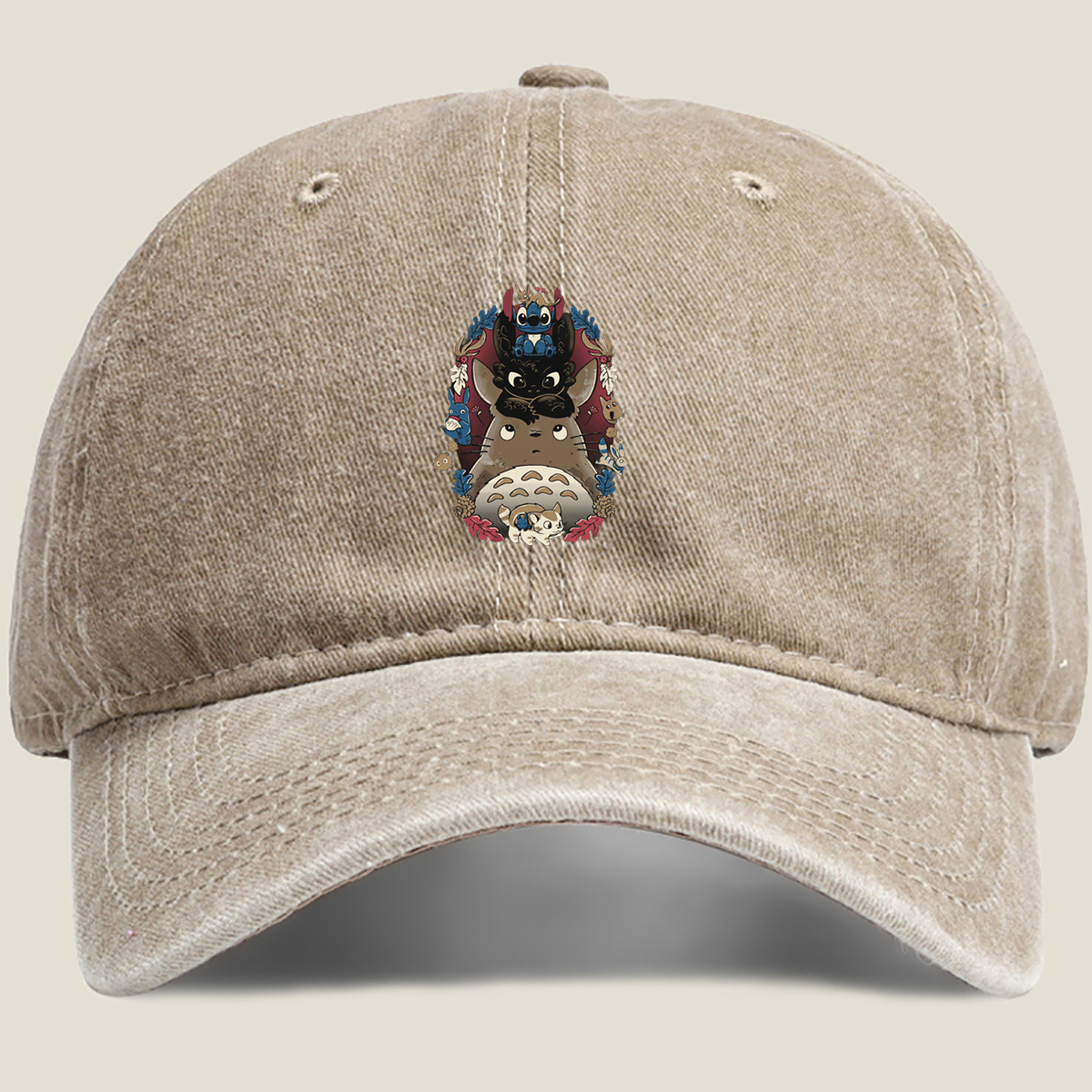 Totoro, Stitch, and Friends: A Whimsical Forest Gathering - Washed Denim - Baseball Cap