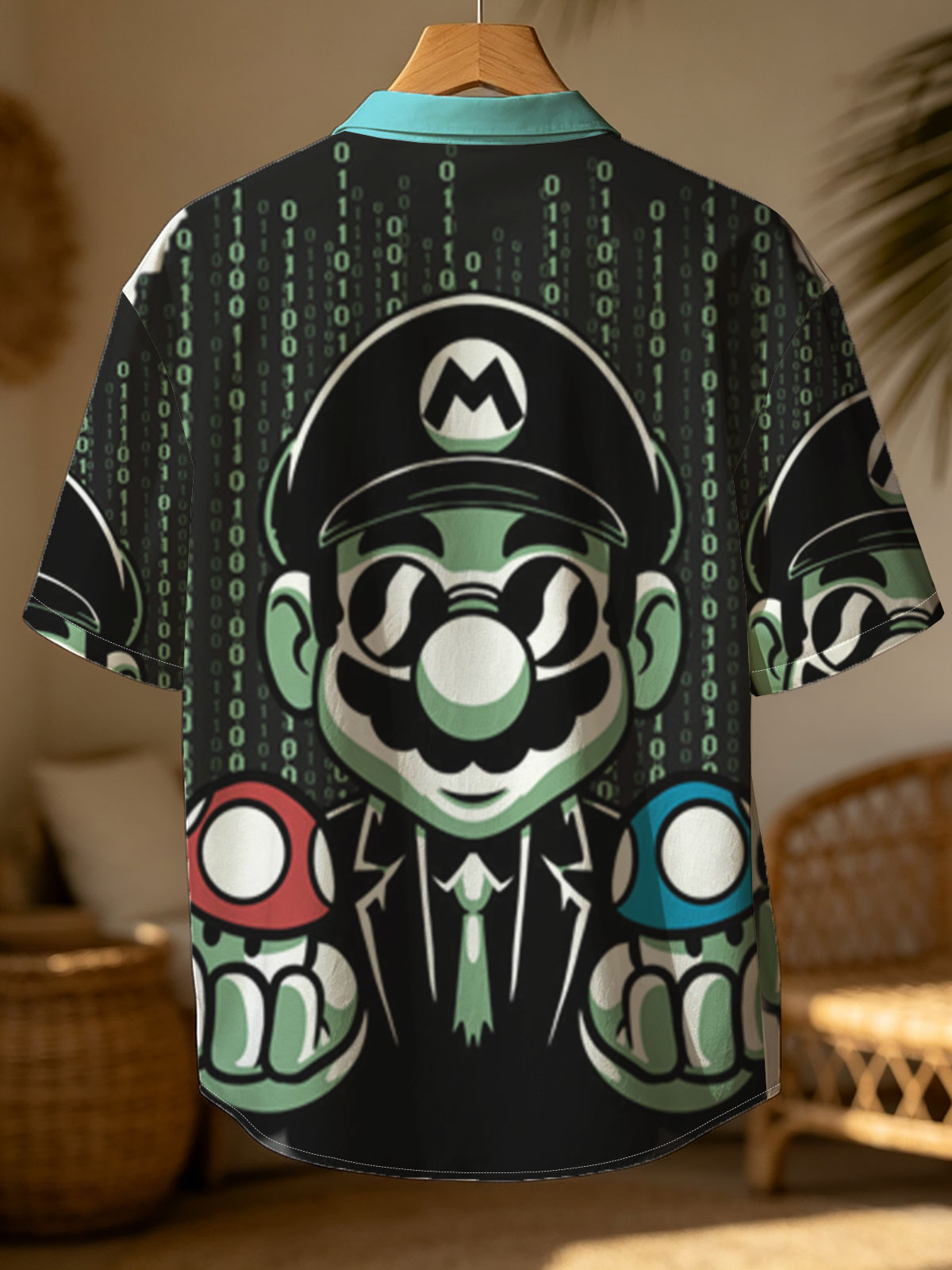 Mario in Matrix Code with Red and Blue Mushrooms -  Shirt
