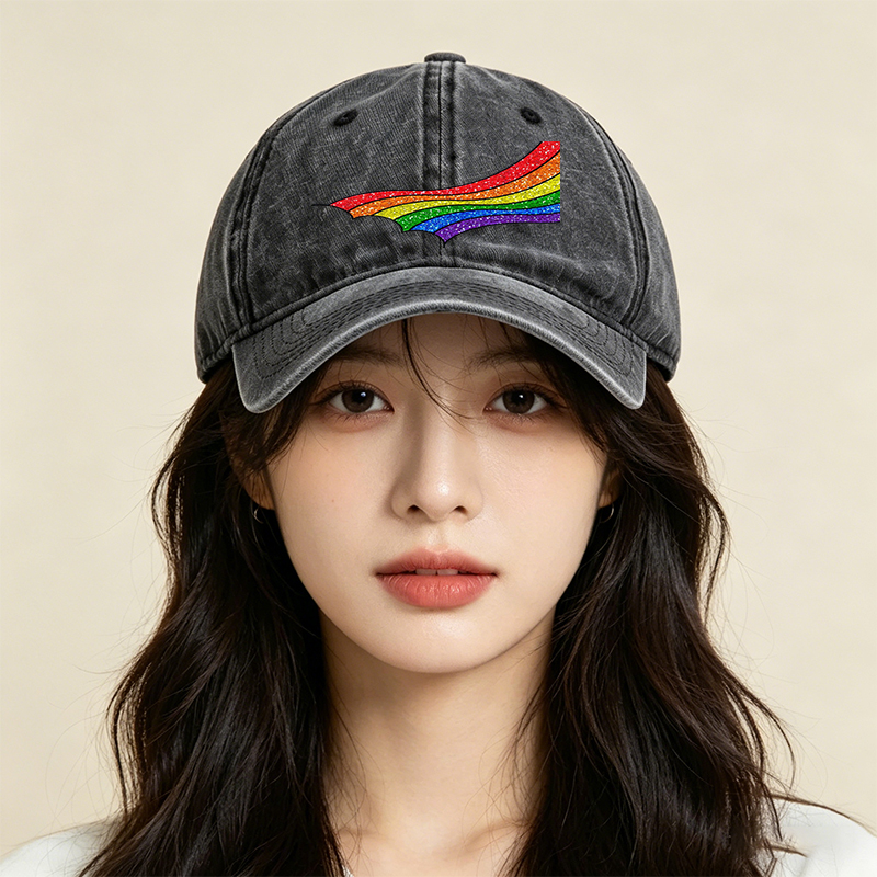 Unisex Classic Washed Cap with Rainbow Glitter Print + Unisex Classic Washed Cap for Outdoor Activities, Festivals, and Casual Wear + Suitable for Adults Who Love Colorful Fashion and Expressive Style