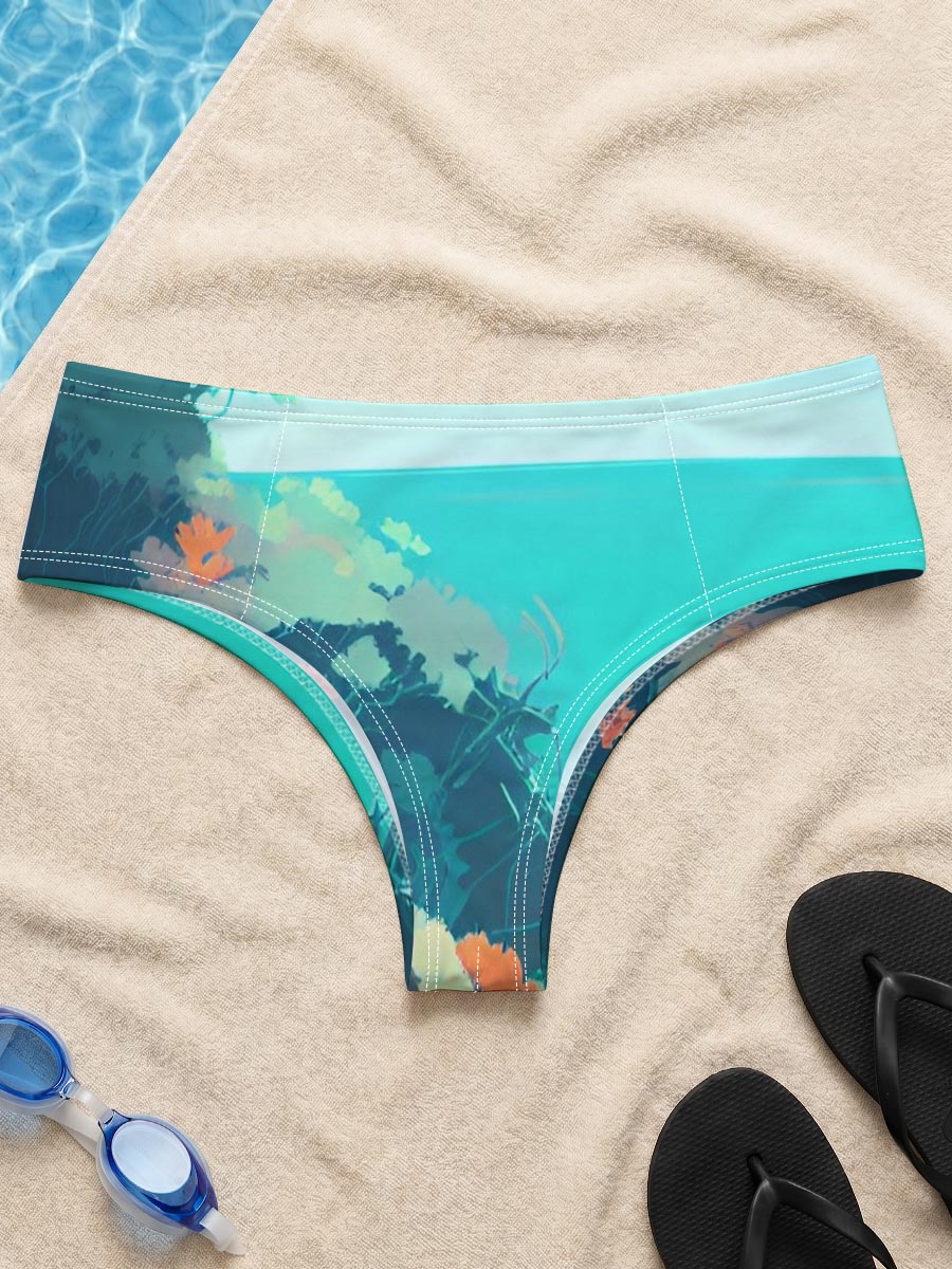 Colorful coastal landscape with vibrant flora and a distant ship on turquoise waters. -  Men's swim trunks