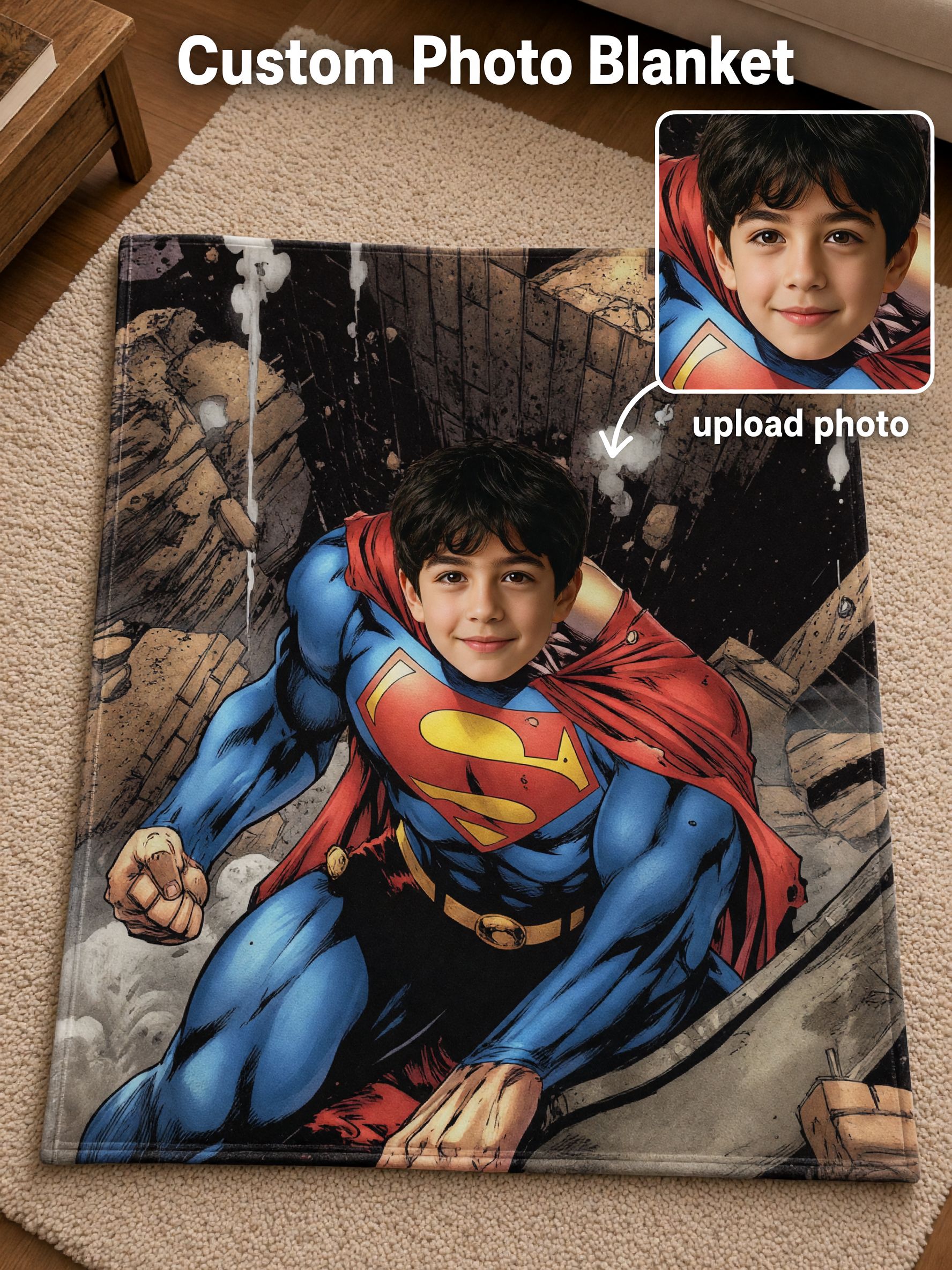 Custom Photo Blanket Personalized Superhero Head Face Portrait Throw Crafted from Ultra Soft Flannel Fleece, Ideal