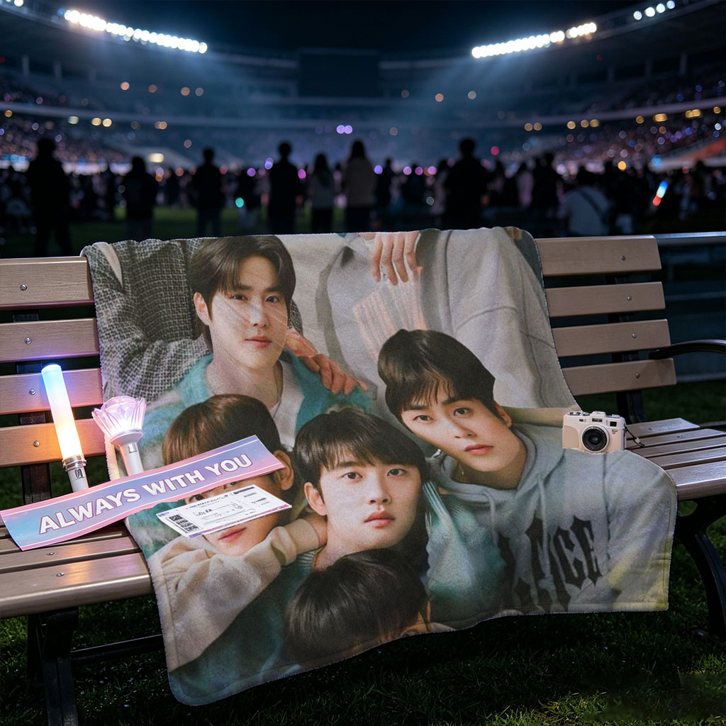 EXO Group Photo - Members Posing Together in Casual Outfits on a Neutral Background - Blankets
