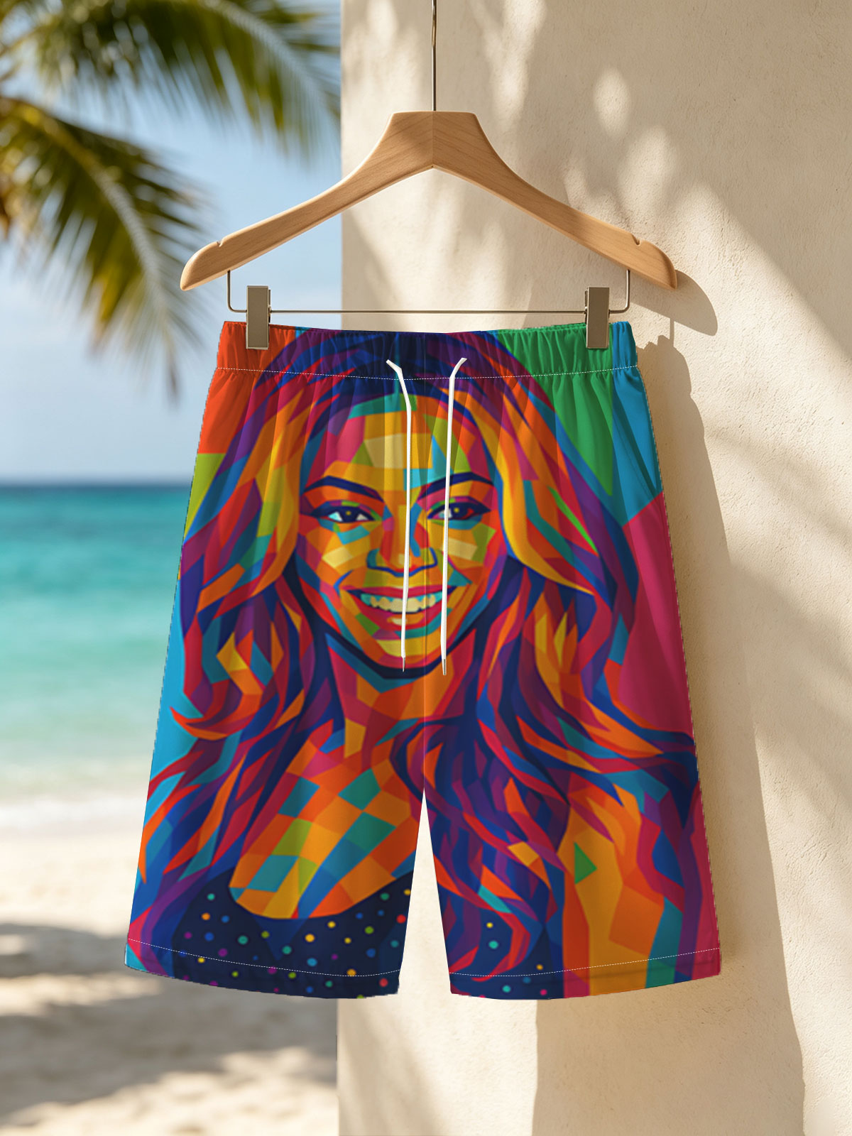 Colorful Portrait of a Smiling Woman with Vibrant Geometric Patterns -  Beach shorts