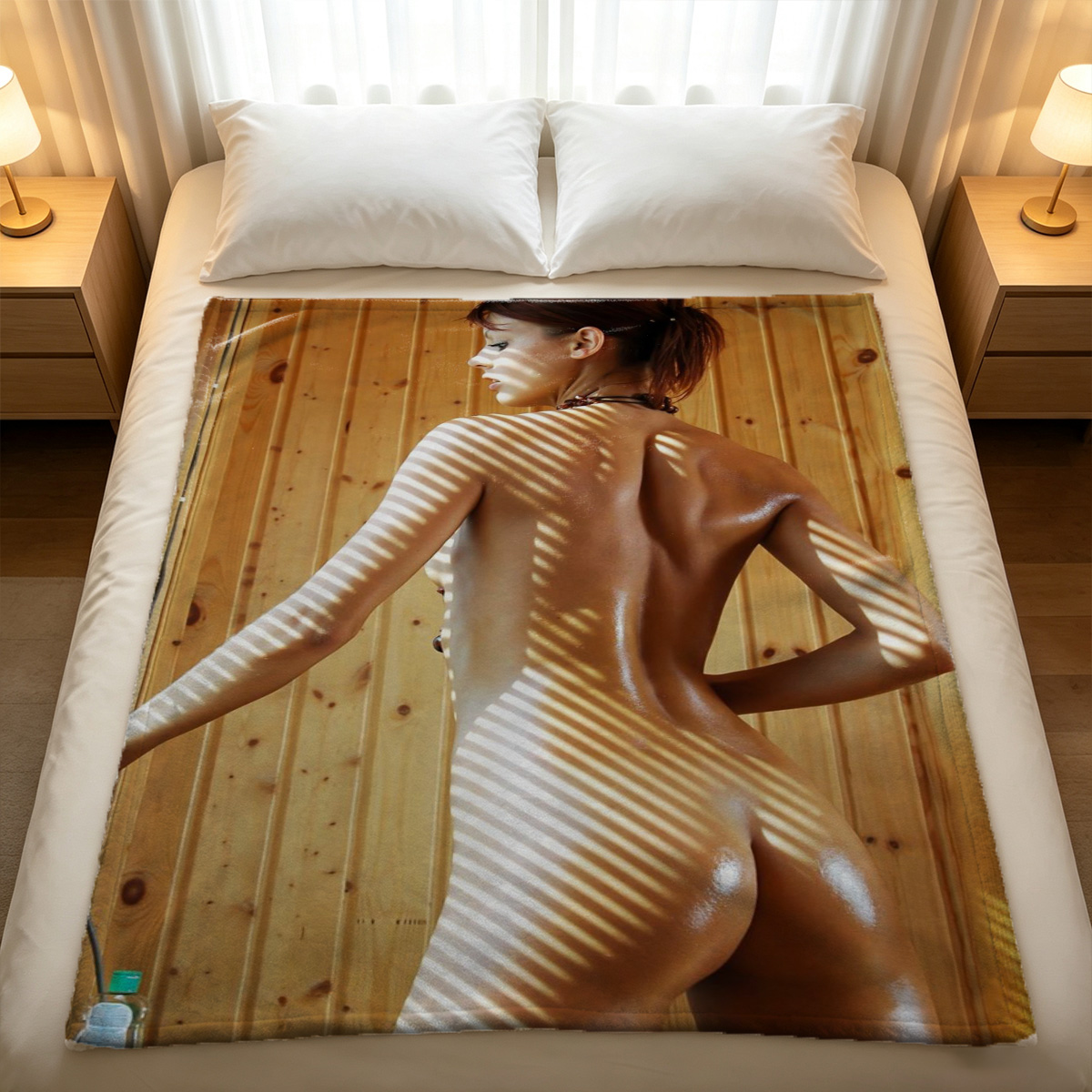 Nude Asian Woman in Black Thong Holding High Heel Shoe on Her Breast in Bedroom - Blanket