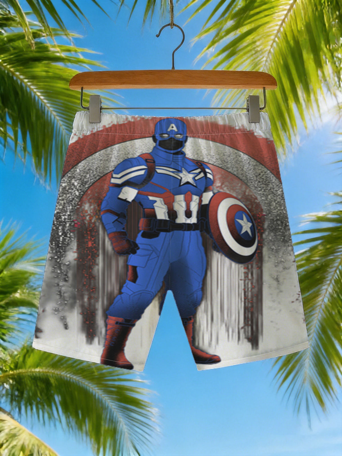 Captain America in Tactical Suit with Shield, Standing Against a Dynamic Red, White, and Blue Background -  Beach shorts