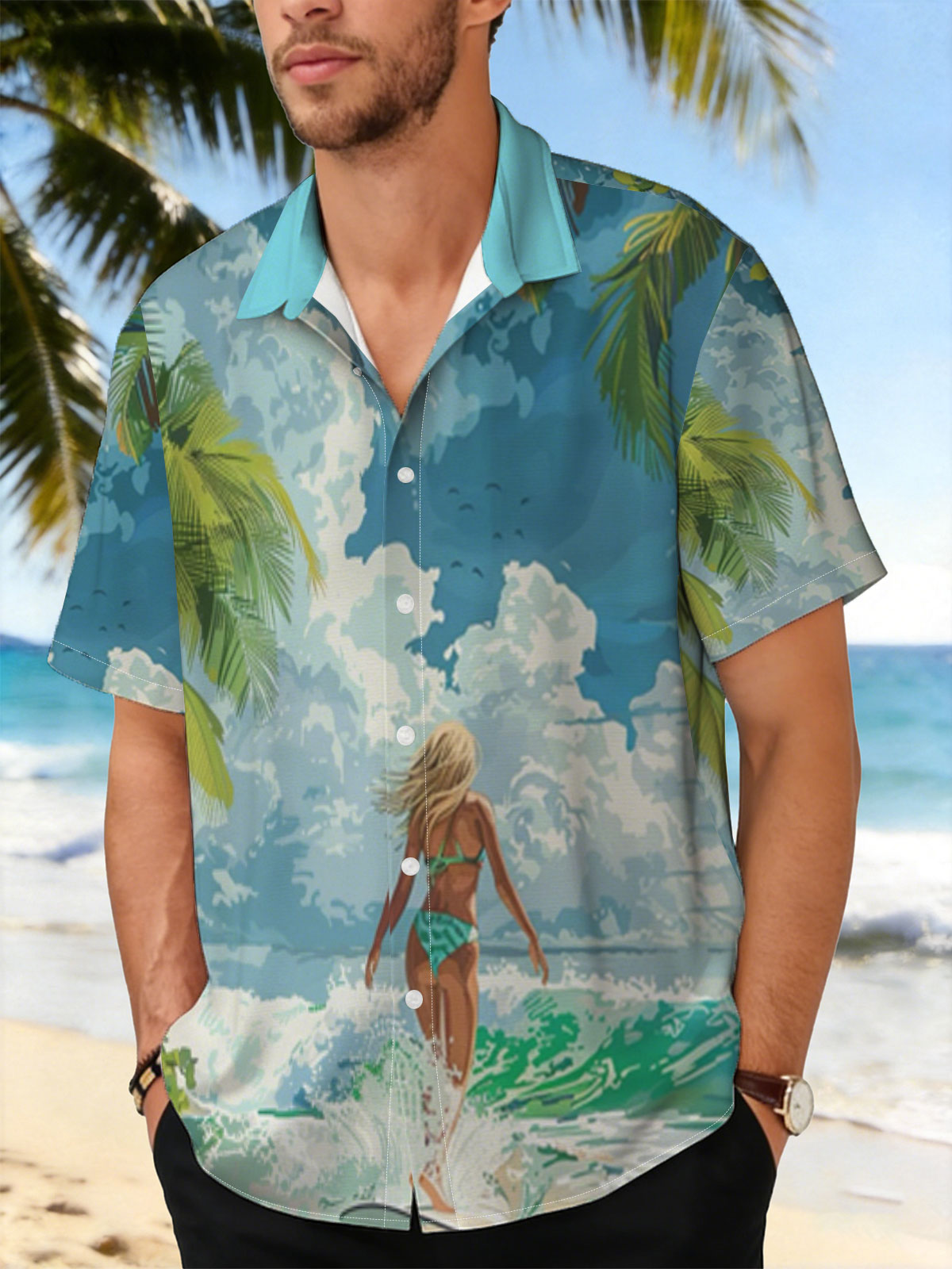 Woman surfing on tropical beach with palm trees and blue sky -  Shirt