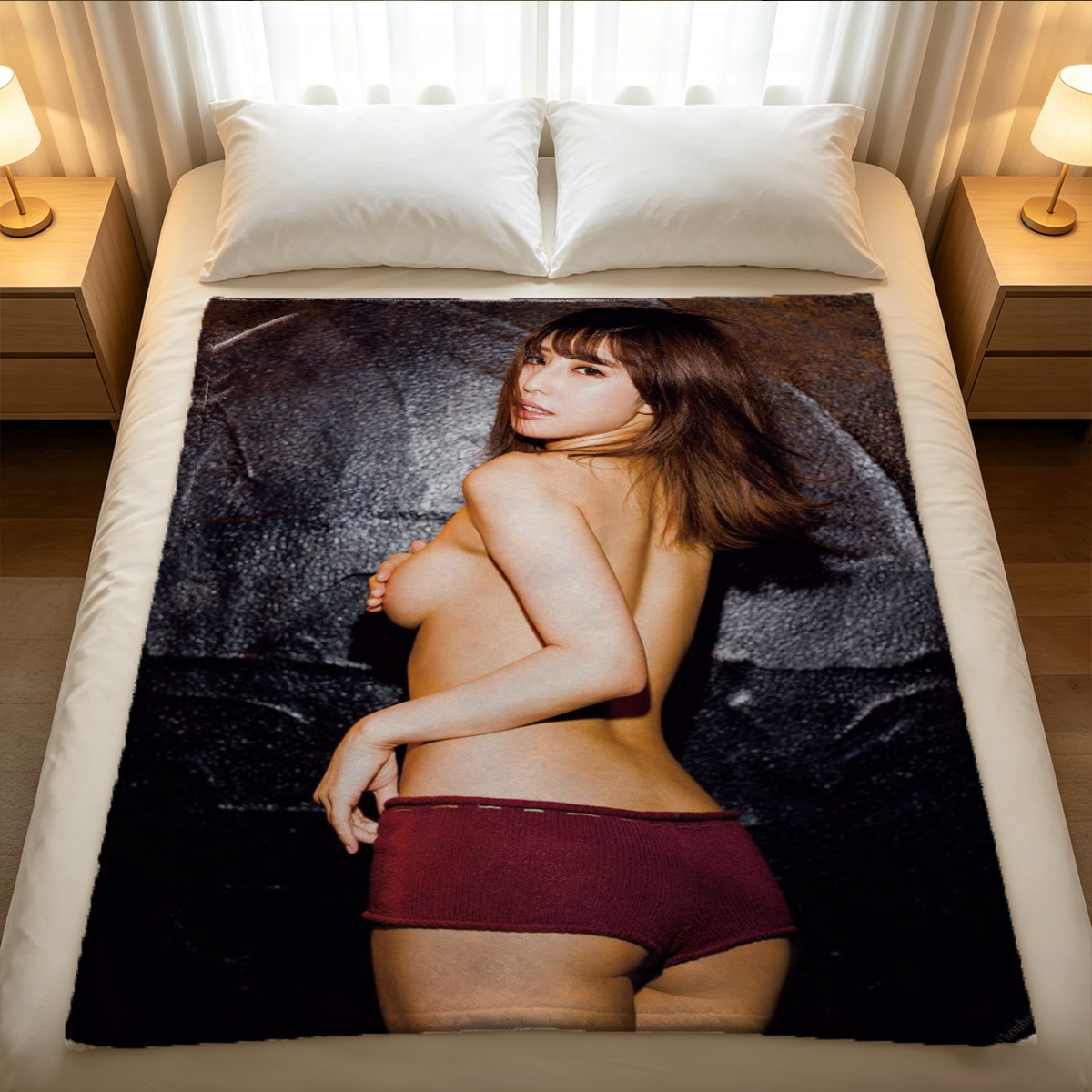 A young Asian woman with long black hair in a light blue micro bikini sitting on a hotel bed. - Blanket
