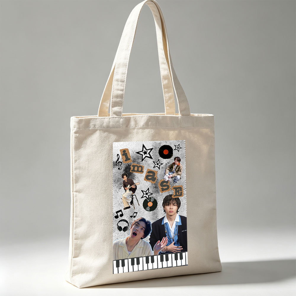 Imase Band Members in Music-Themed Collage with Guitar, Piano Keys, and Vinyl Records - Canvas tote bags