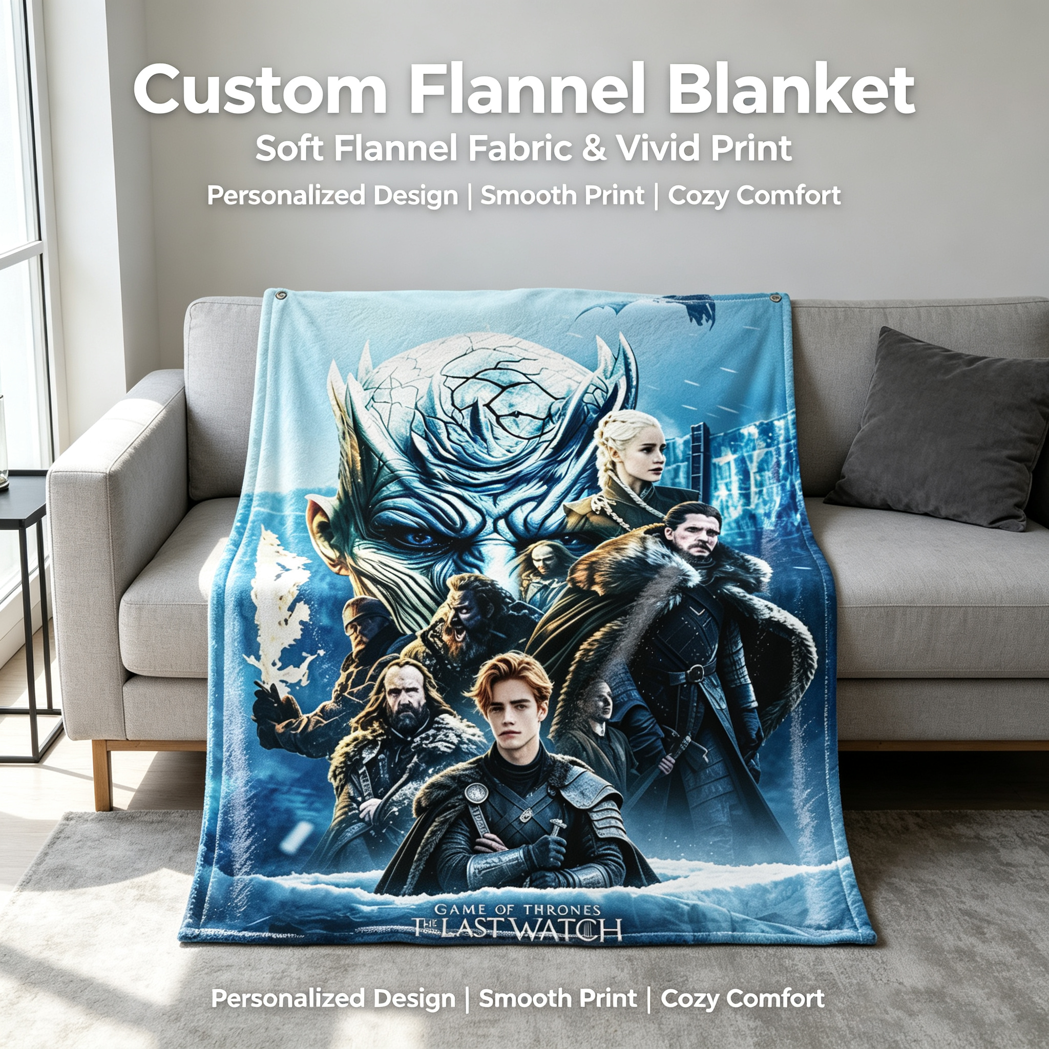 Custom Face Blanket Game of Thrones Eastwatch Flannel Blanket for Couch, Bed, or Travel - Perfect Gift for Fans and Collectors