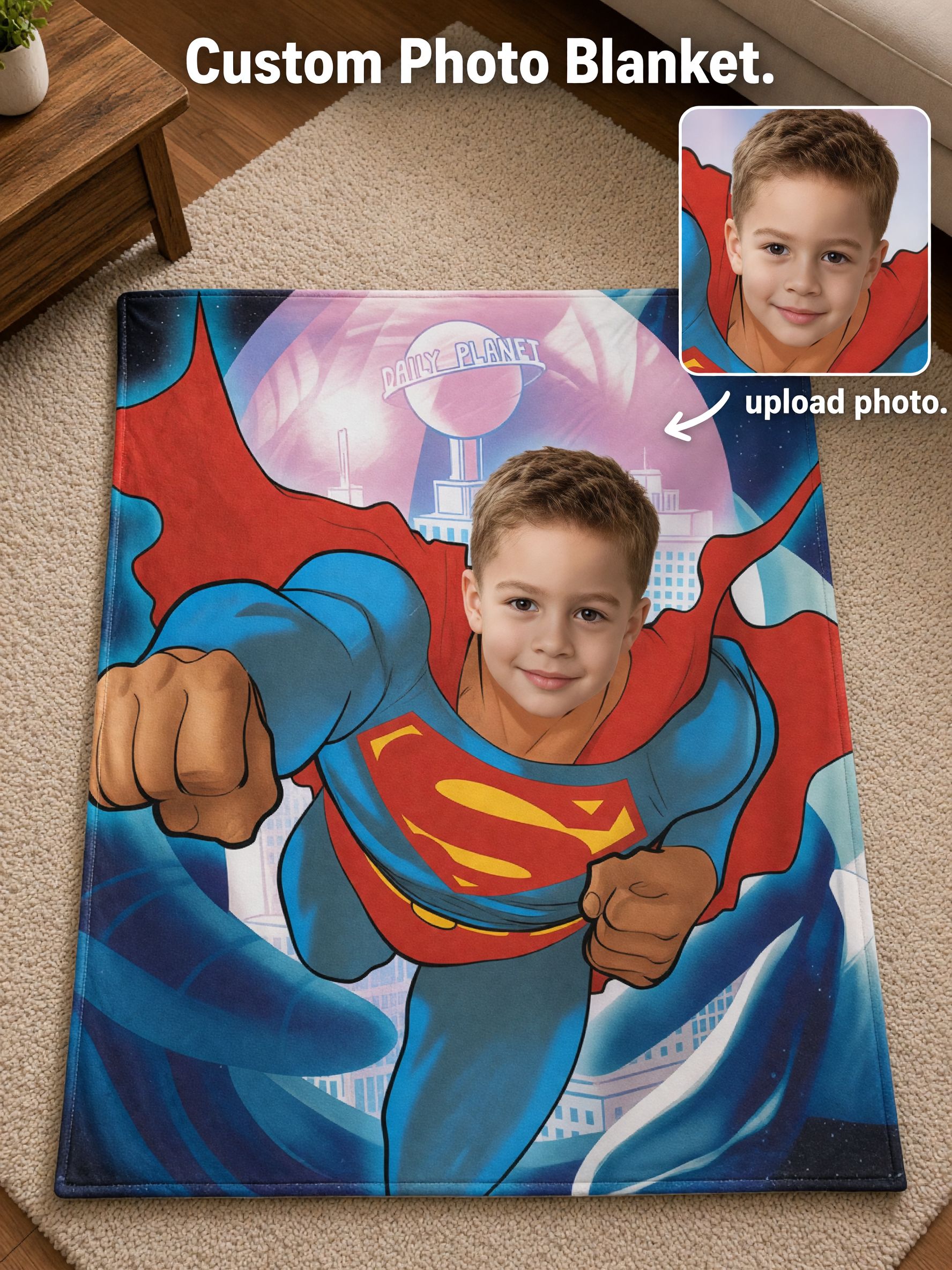 Custom Photo Superhero Flannel Fleece Blanket, Personalized Face Throw Blanket, Ultra Soft Skin Friendly Bed Couch