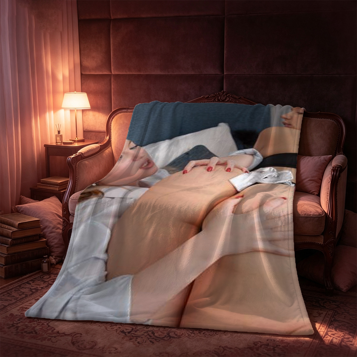 Red Lingerie Seduction on Leather Chaise - Blanket