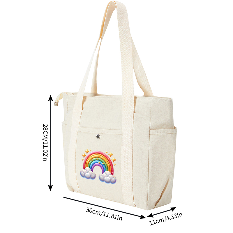 Multi Pocket Bag Beige with Rainbow and Cloud Print, Ideal for Daily Use and Outdoor Activities, Perfect for Women and Teens Seeking Stylish and Functional Accessories