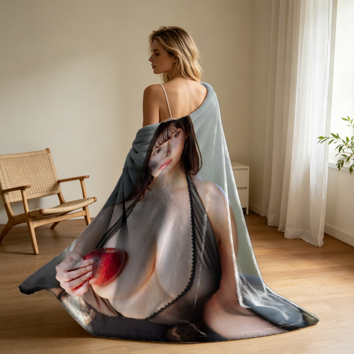 Nude Smiling Woman in Black Thong on Bed by Window - Blanket