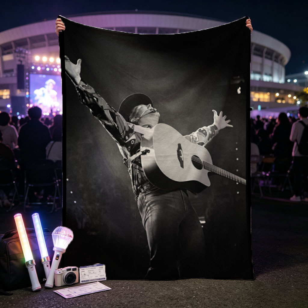 Johnny Cash Performing on Stage with Acoustic Guitar and Arms Raised - Blankets