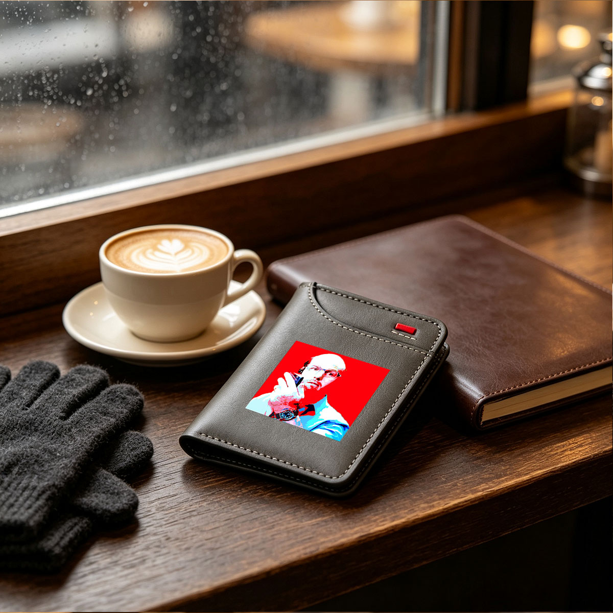 Bald Man with Glasses Holding Phone, Wearing Watch, Red Background - Vertical Style Wallet
