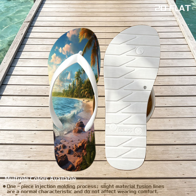 Tropical Beach at Sunset with Palm Trees and Gentle Waves -  flip-flops