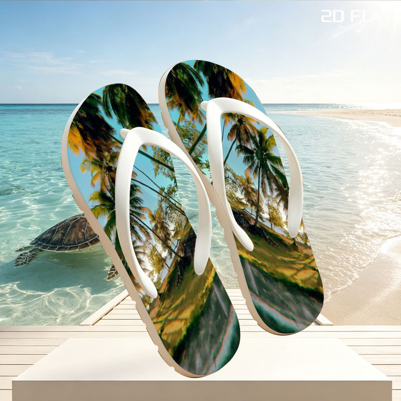 Tropical palm trees sway under a clear blue sky, casting golden shadows on the ground. -  flip-flops
