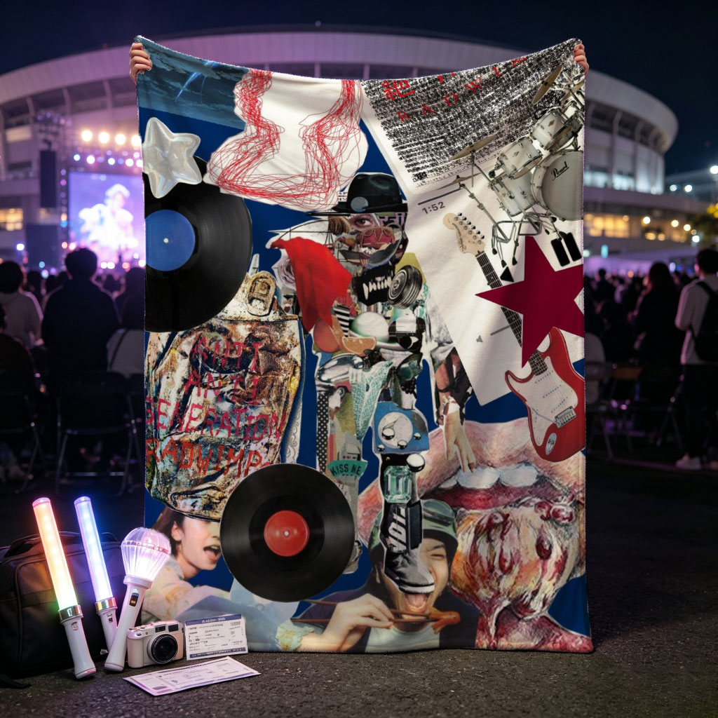 BTS Music Collage Featuring Vinyl Records, Guitars, and Artistic Elements - Blankets