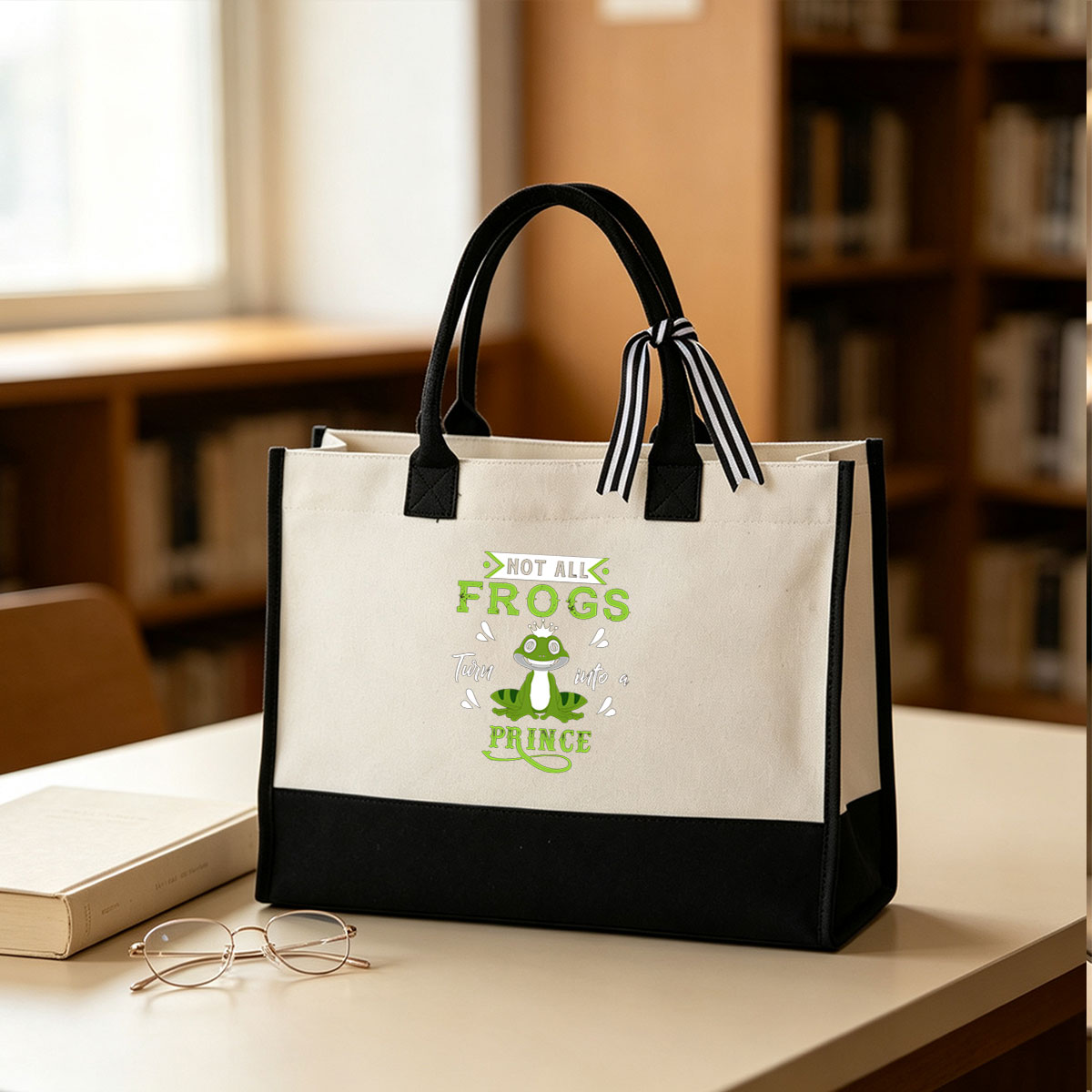 Not All Frogs Turn Into a Prince - Frog Prince Design - Canvas patchwork gift tote bag