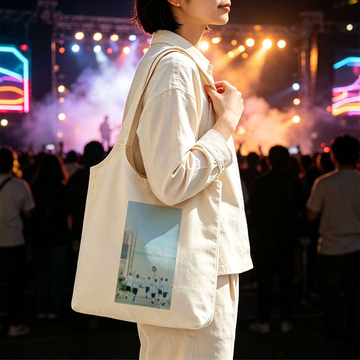 SEVENTEEN Running Toward the Ocean in Light Blue Shirts and Black Shorts - Canvas shoulder bags/