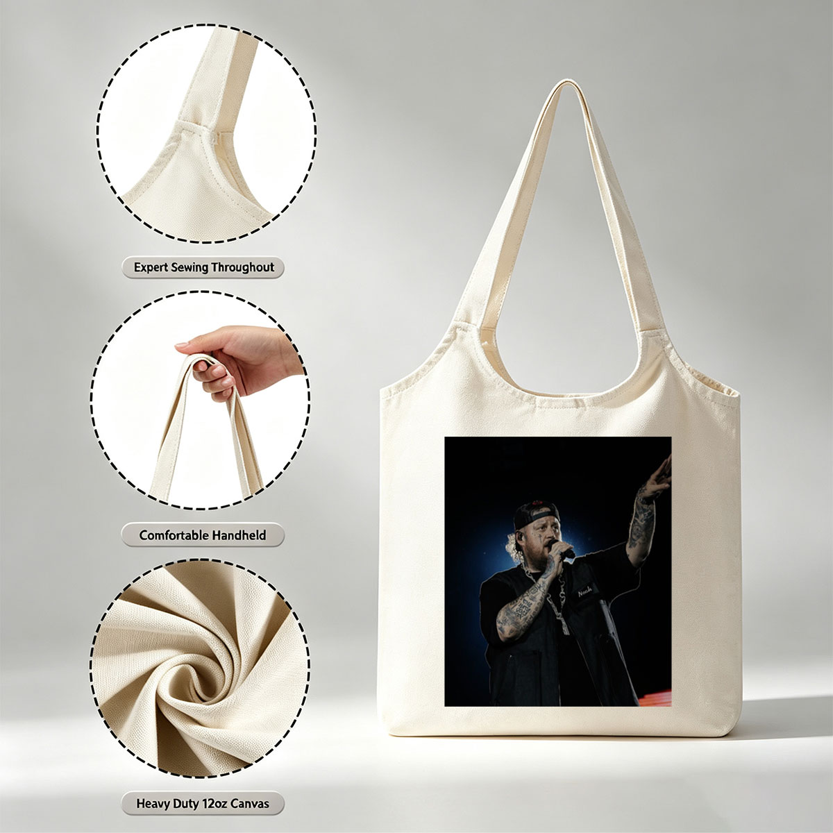 Jelly Roll Performing on Stage with Microphone and Tattooed Arms - Canvas shoulder bags/