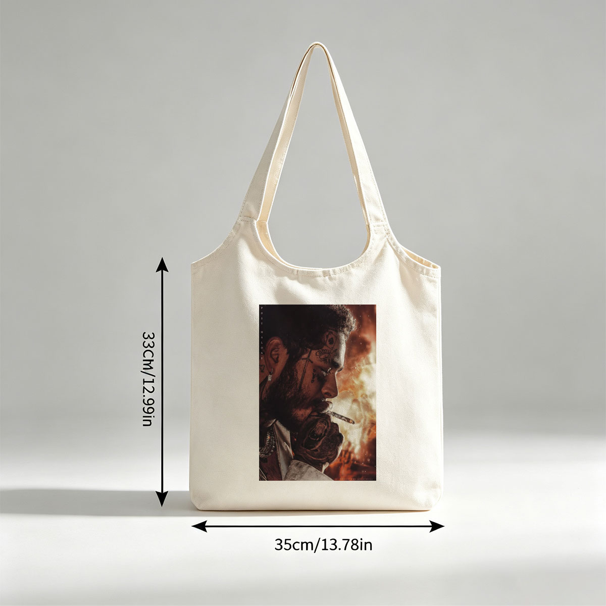 Post Malone Smoking Cigarette with Tattooed Face and Intense Background - Canvas shoulder bags/